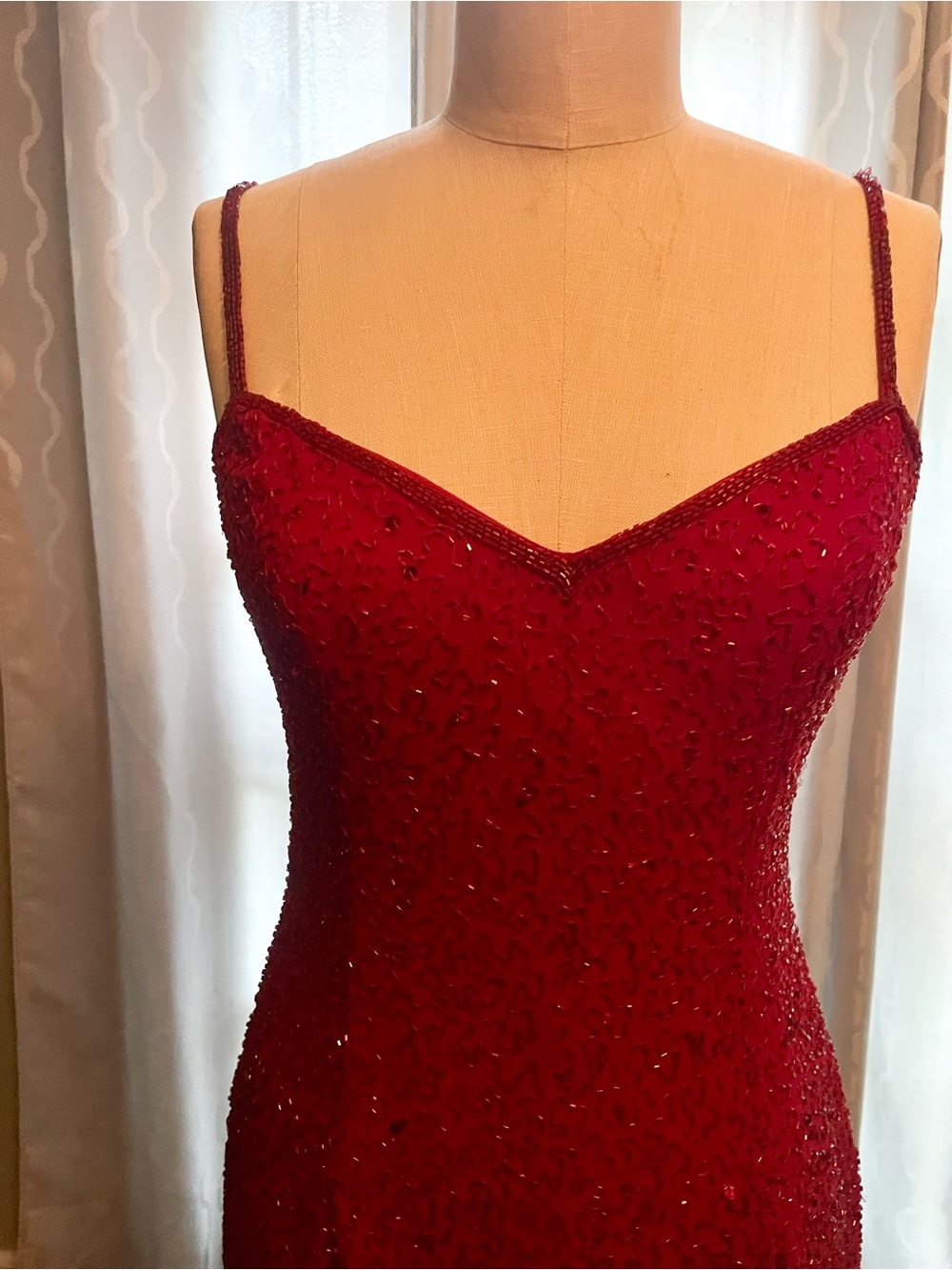 Beaded Red Spaghetti-Strap Prom Dress